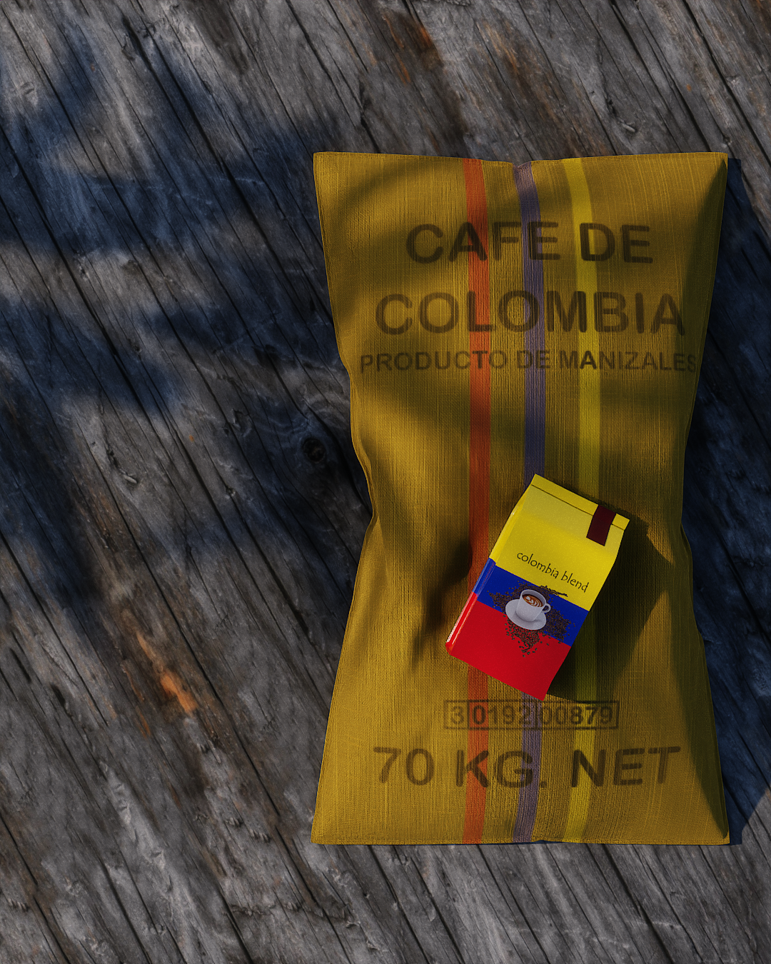 Photorealistic render of a burlap sack of coffee with the finished product packaging sitting on top of it as a marketing visual
using cgi product photography.