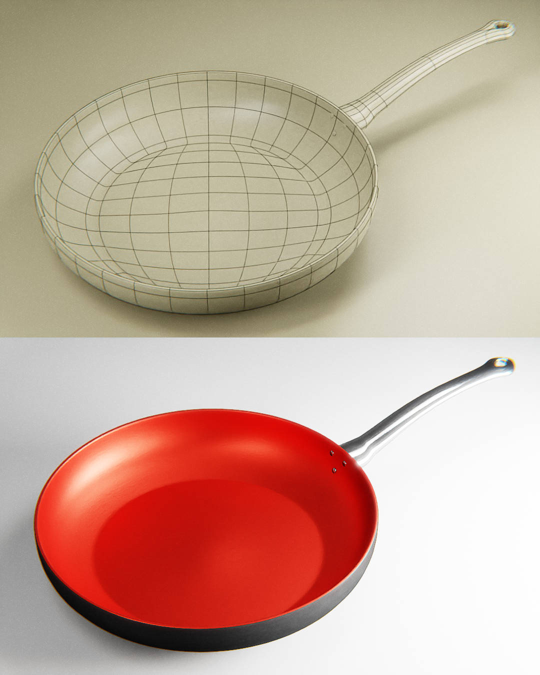 Picture of a high end frying pan with the top portion showing the mesh model without materials and textures aplied
and the bottom showing it rendered out with materials and textures and lit in a studio style.