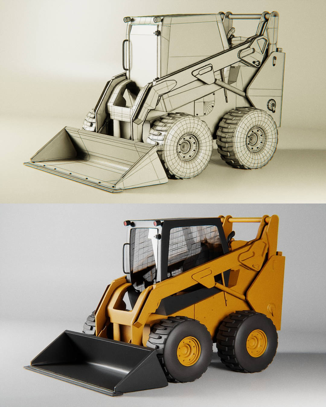 image of a model of a piece of construction equipment showing the mesh model with the rendered model complete 
with materials, texture, and lighting below it.