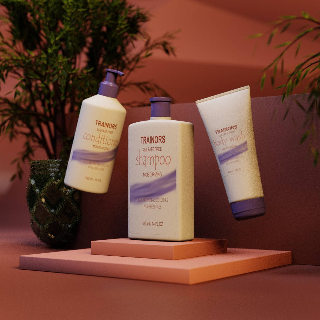 Skin care line consisting of three bottles rendered to look realistic but defying gravity and floating to show limitless ways to capture 
a potential clients eye with anazing marketing visuals.