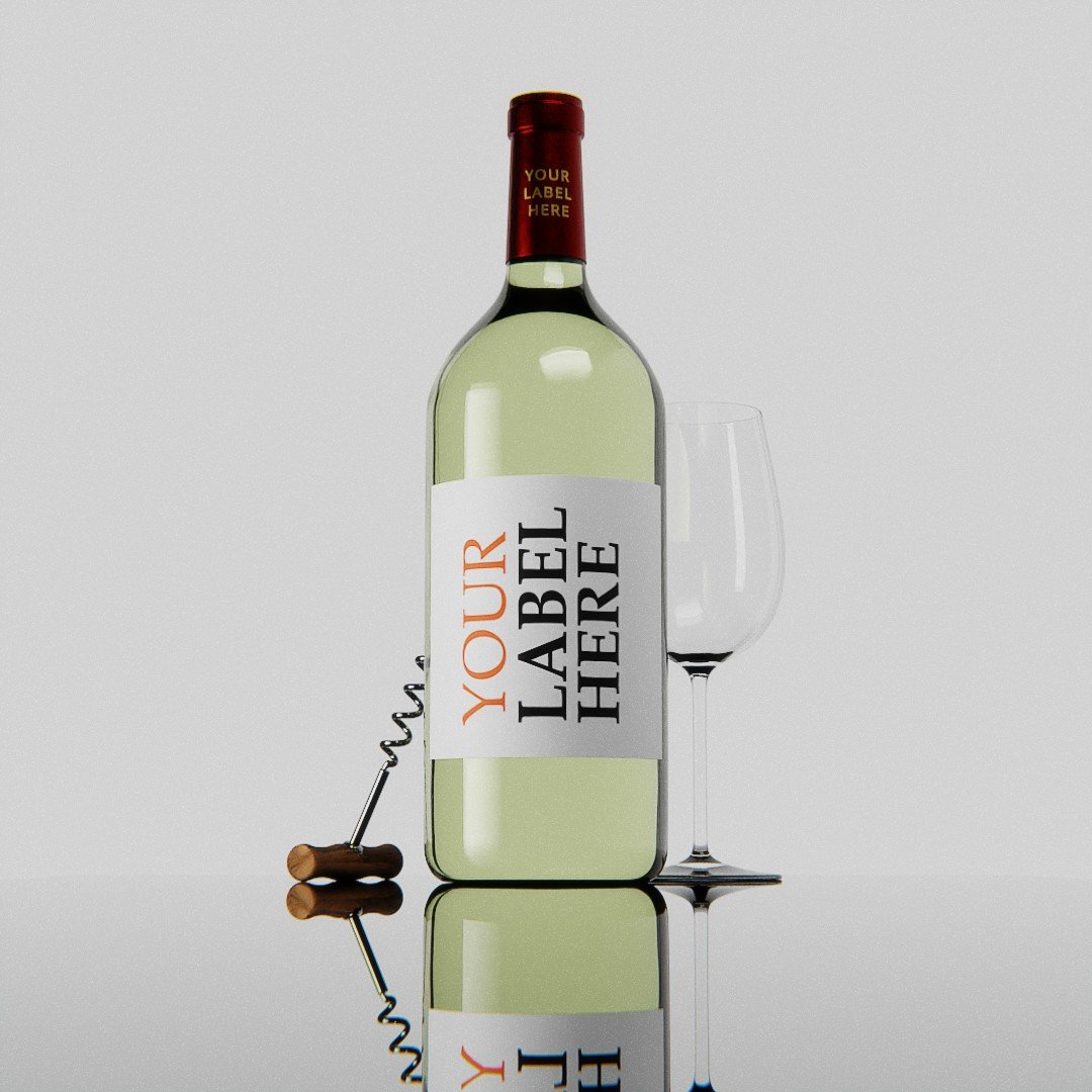 This is an image of a 1.5 litre bottle of white wine made with Computer Generated imagery that is photorealistic in appearance.
