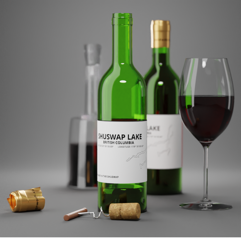 This is an image of a wine related product shot with bottles, a glass of wine a cork and cork screw and a decanter to show the realism that is achievable with cgi product photography.